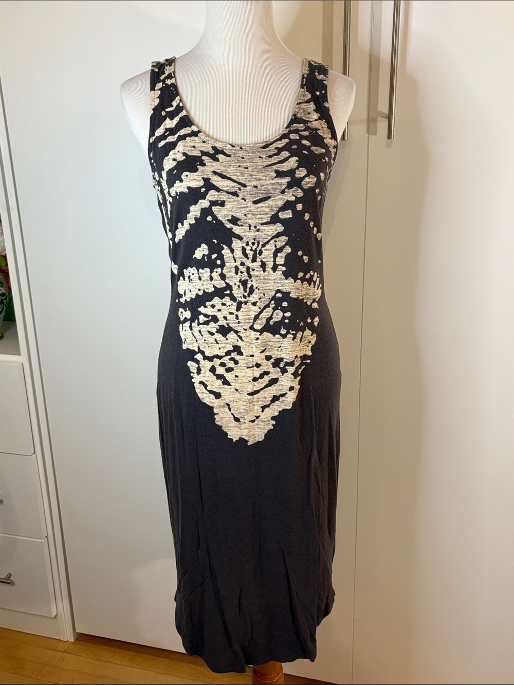 RD Style Black Midi Tank Dress with Cream Abstract Front